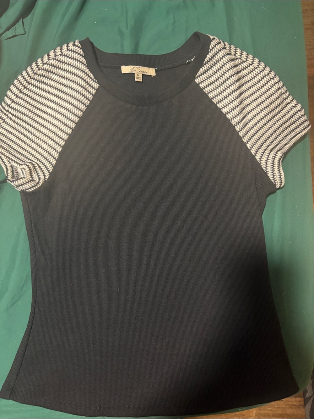 Le Serein Black Knit Top with Black-and-White Striped Raglan Sleeves